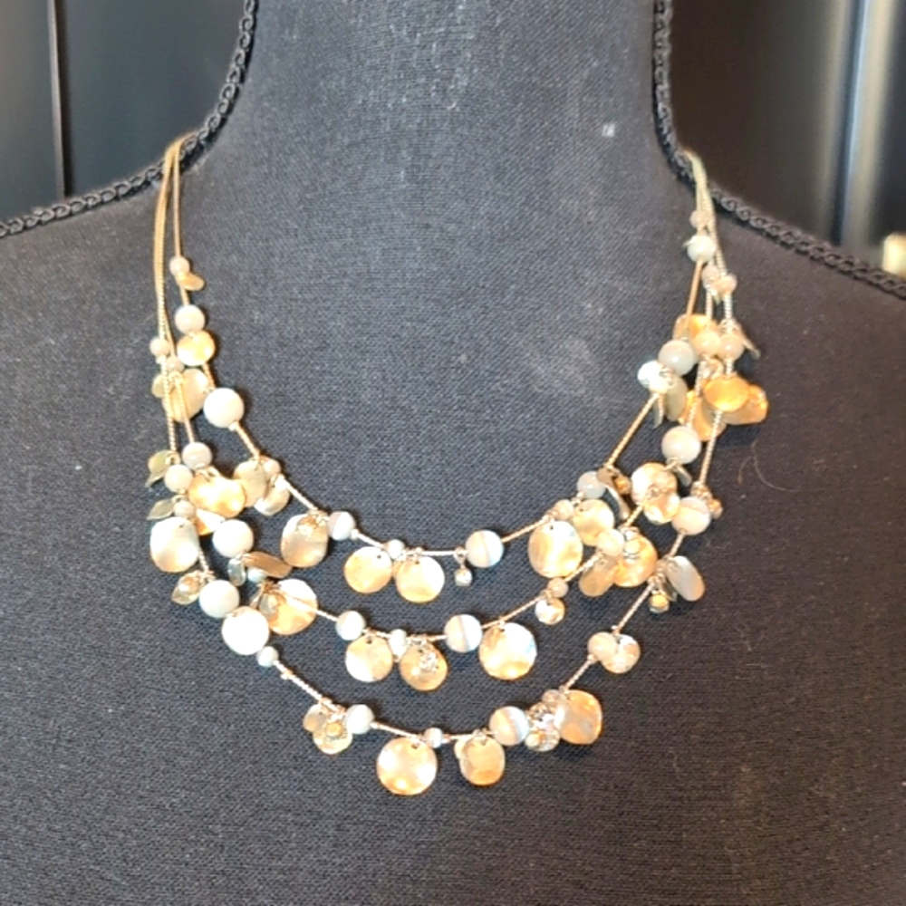 Vintage Silvertone Necklace Boho Gold Discs, Irredecent Beads, Crystal Accents